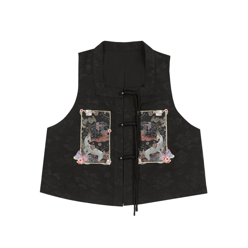 神話の鹿の刺繍プリーツスカートとトップスとベスト