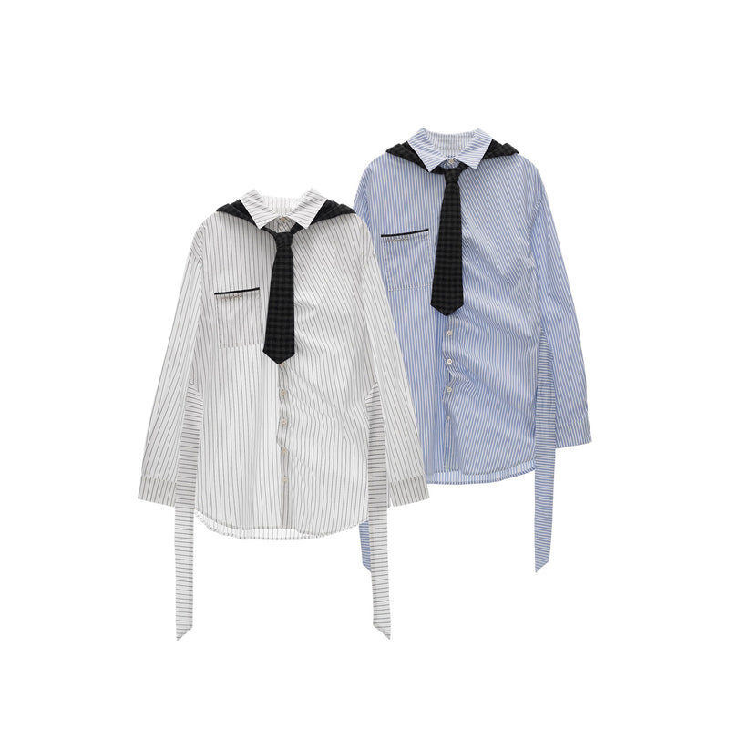 Striped Long Shirt with Checked Hoodie Tie