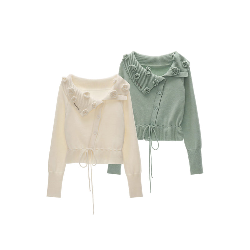Rose Flower Off-the-shoulder Knit Cardigan