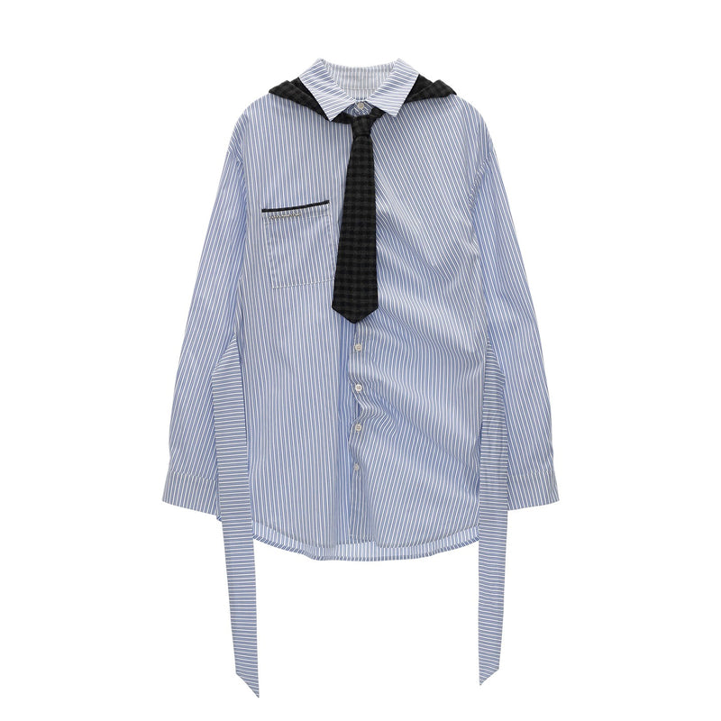 Striped Long Shirt with Checked Hoodie Tie