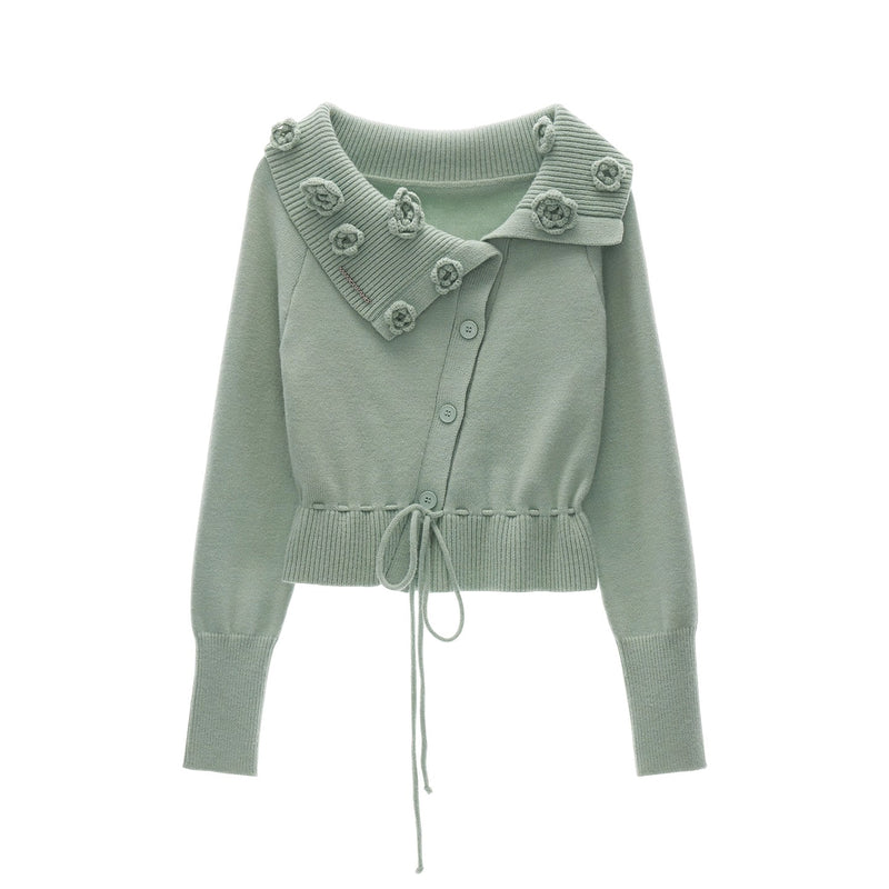 Rose Flower Off-the-shoulder Knit Cardigan