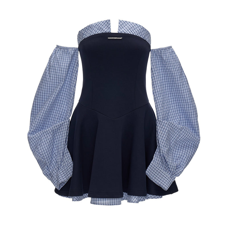 Navy Blue Striped Strapless Dress
