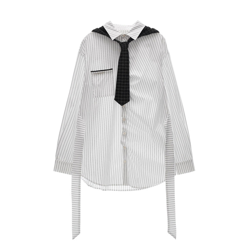 Striped Long Shirt with Checked Hoodie Tie