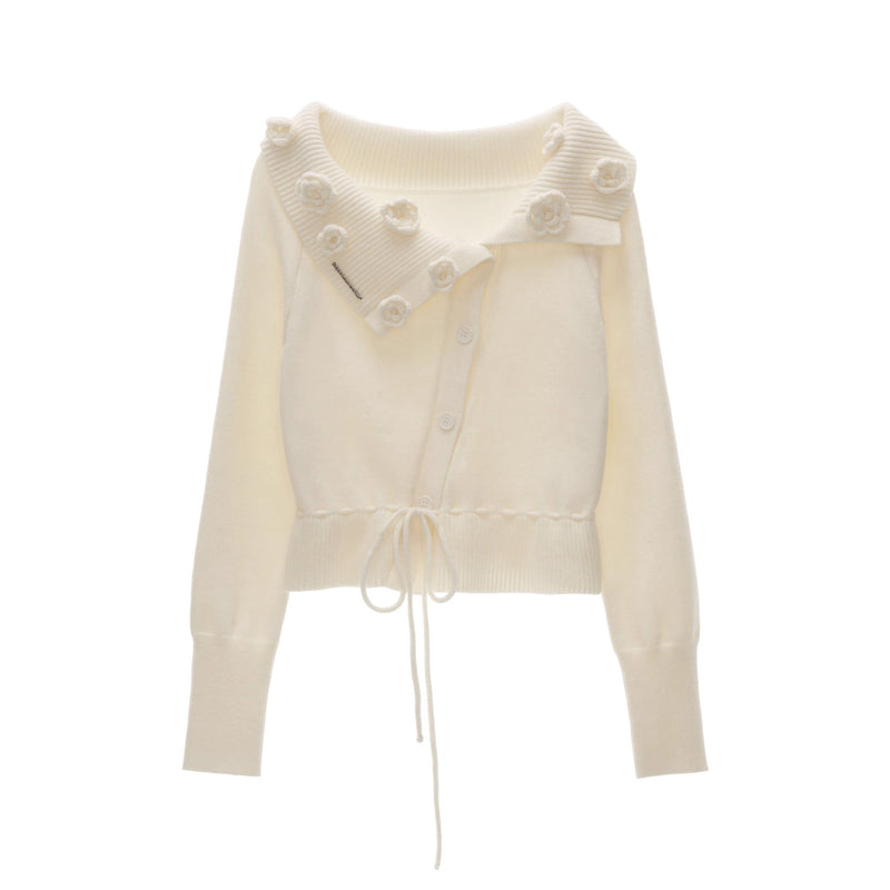 Rose Flower Off-the-shoulder Knit Cardigan