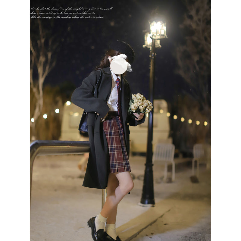 黒墨のお嬢様の文学ダブルブレストウールコート