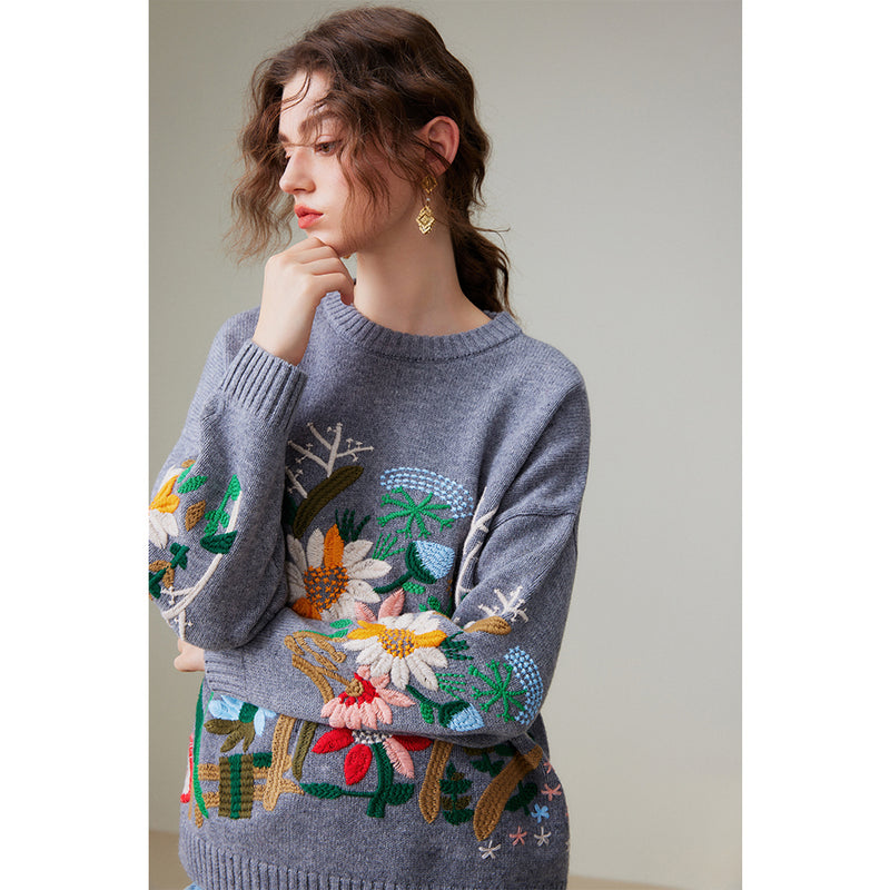 庭園の刺繍ニットセーター