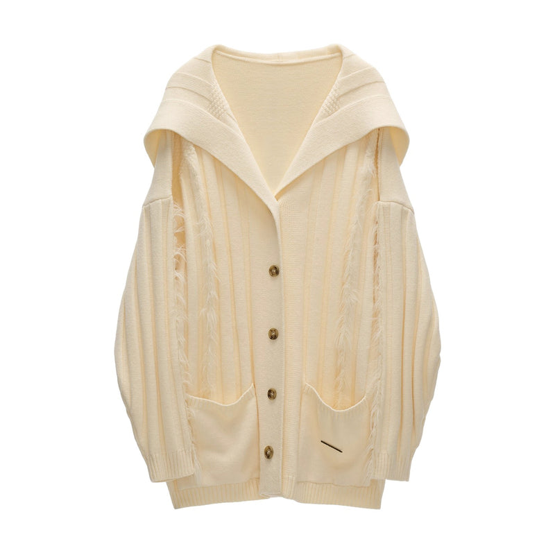 Fur-trimmed Ribbed Knit Cardigan - Ivory