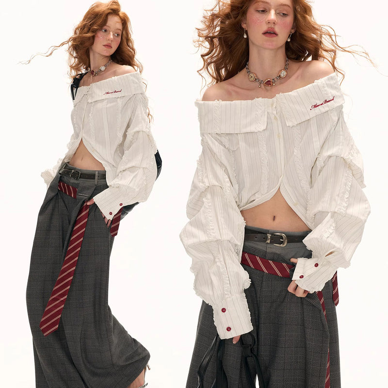Off-the-shoulder Ruffle Striped Blouse