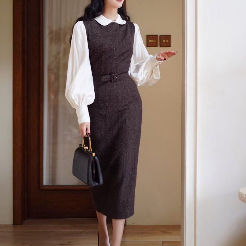 焦茶色の貴婦人ツイードワンピース