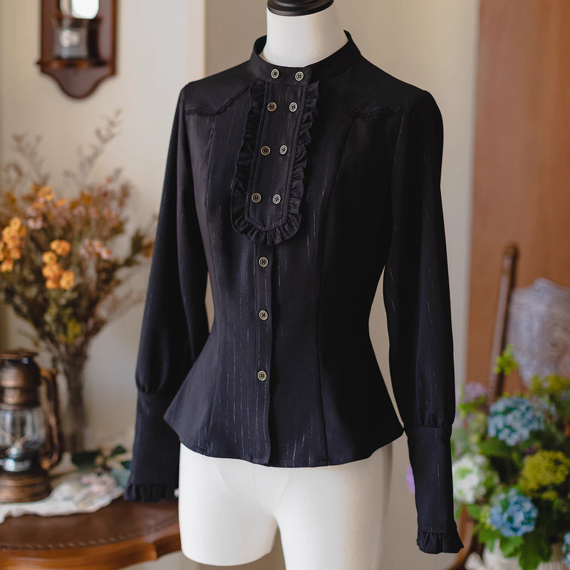 英国のお嬢様のスタンドカラーブラウス - Black