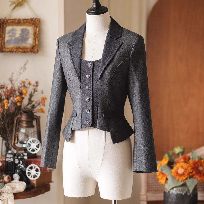 英国のお嬢様のクラシカルショートジャケット - Dark Gray[2025年12月中旬発送予定]