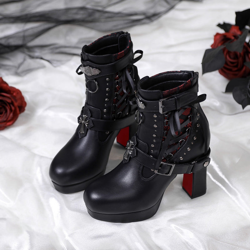 Gothic Lace Ribbon High Heel Boots
