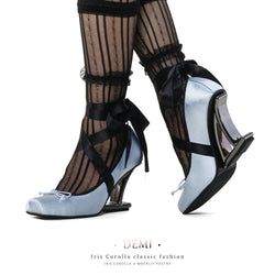 Demi Pointe High Heel Pumps (Lace-up) - Light Blue × Black / Black Heel[2025年11月中旬-12月上旬発送予定]