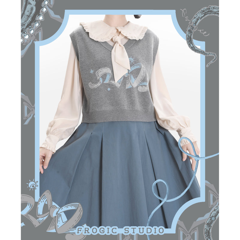 Gray and Light Blue Vest and Skirt with a Ribbon Pattern[2025年2月下旬-3月中旬発送予定]