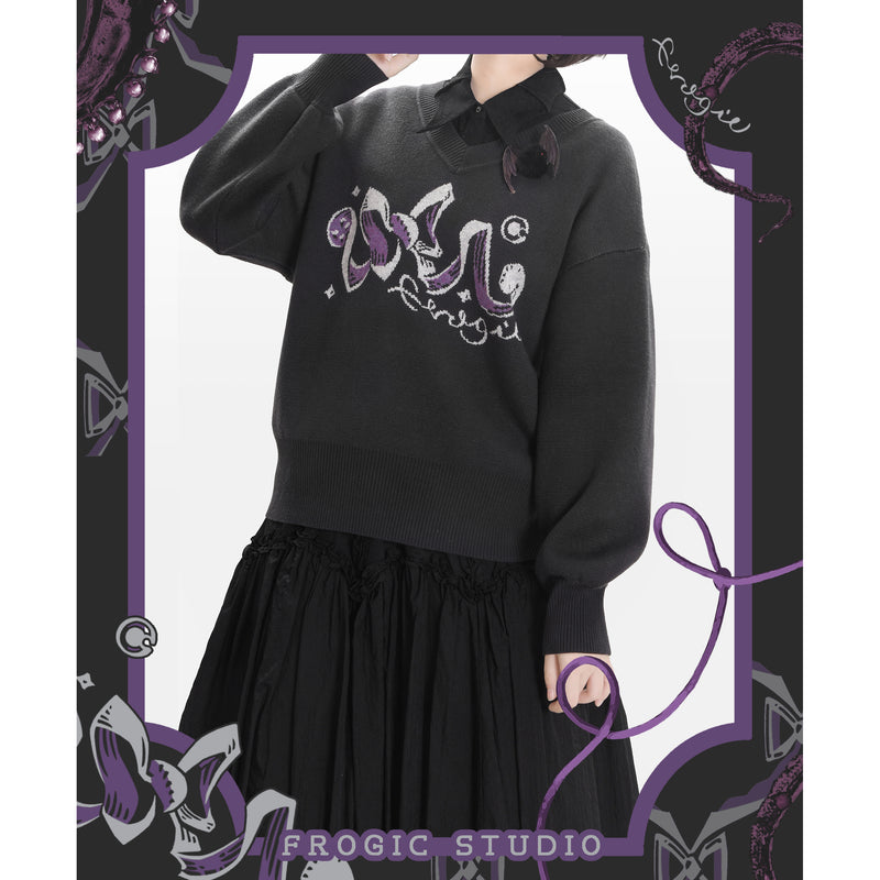 Black and Purple Sweater and Skirt with a Ribbon Pattern[2025年2月下旬-3月中旬発送予定]