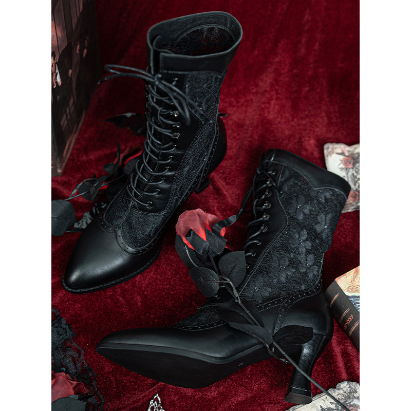 Victorian Lace Pointed Toe Lace Up Black Boots