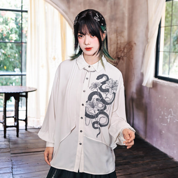 蛇と百合の挿絵ブラウス - White Ivory