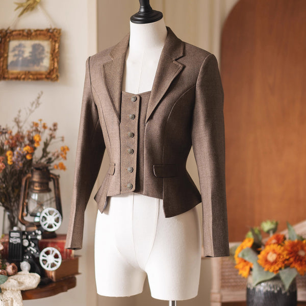 英国のお嬢様のクラシカルショートジャケット - Brown[2025年12月中旬発送予定]