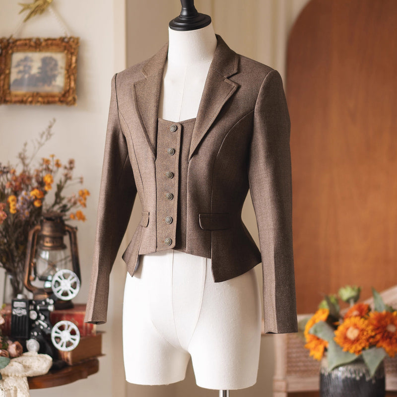 英国のお嬢様のクラシカルショートジャケット - Brown[2025年12月中旬発送予定]