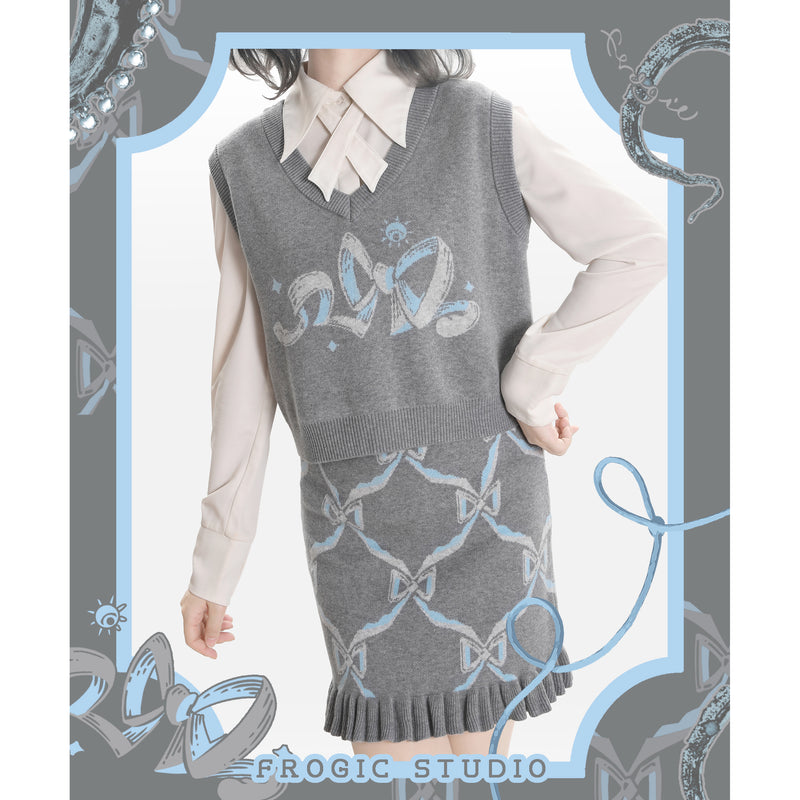 Gray and Light Blue Vest and Skirt with a Ribbon Pattern[2025年2月下旬-3月中旬発送予定]