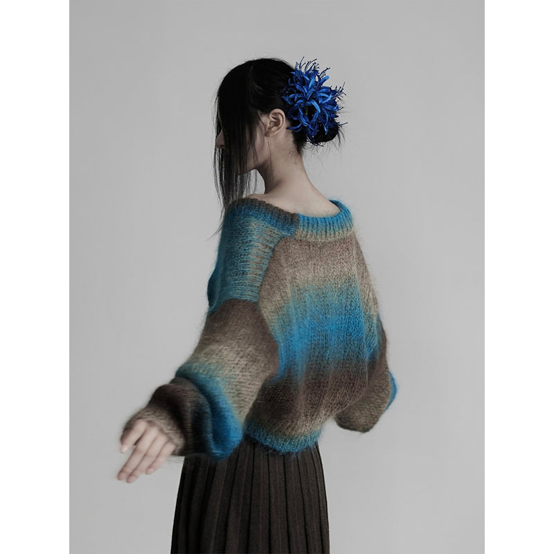 Short Cardigan with Gradation of Blue and Brown