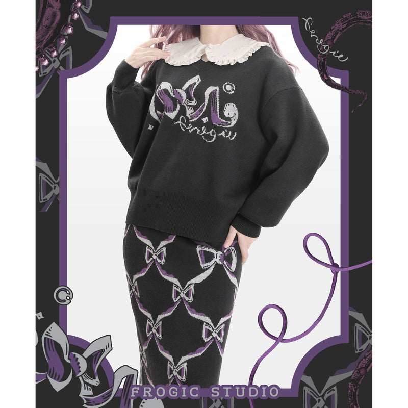 Black and Purple Sweater and Skirt with a Ribbon Pattern[2025年2月下旬-3月中旬発送予定]