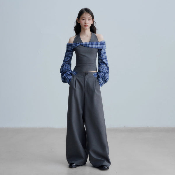 Checkered Off-the-shoulder Blouse and Grey Wide Pants