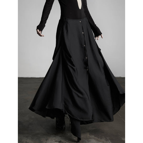 Black Asymmetric Button Long Skirt