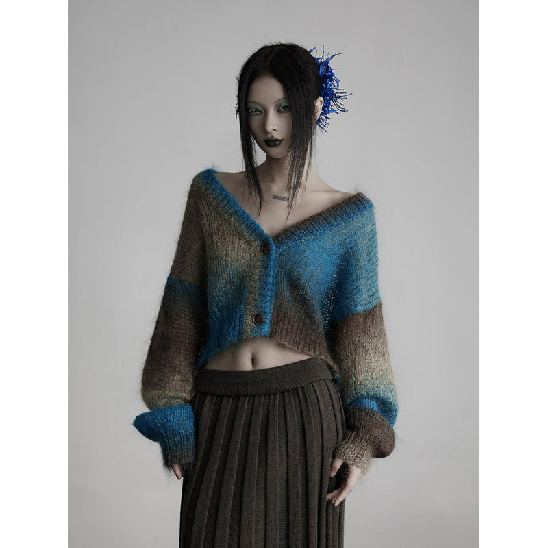 Short Cardigan with Gradation of Blue and Brown