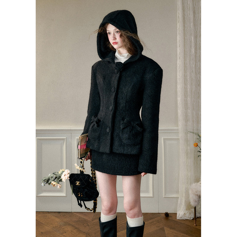 Black Hooded Jacket and Short Skirt