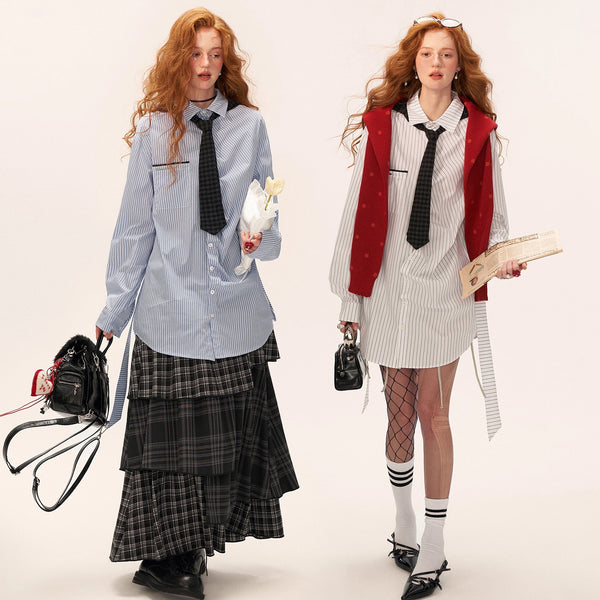 Striped Long Shirt with Checked Hoodie Tie