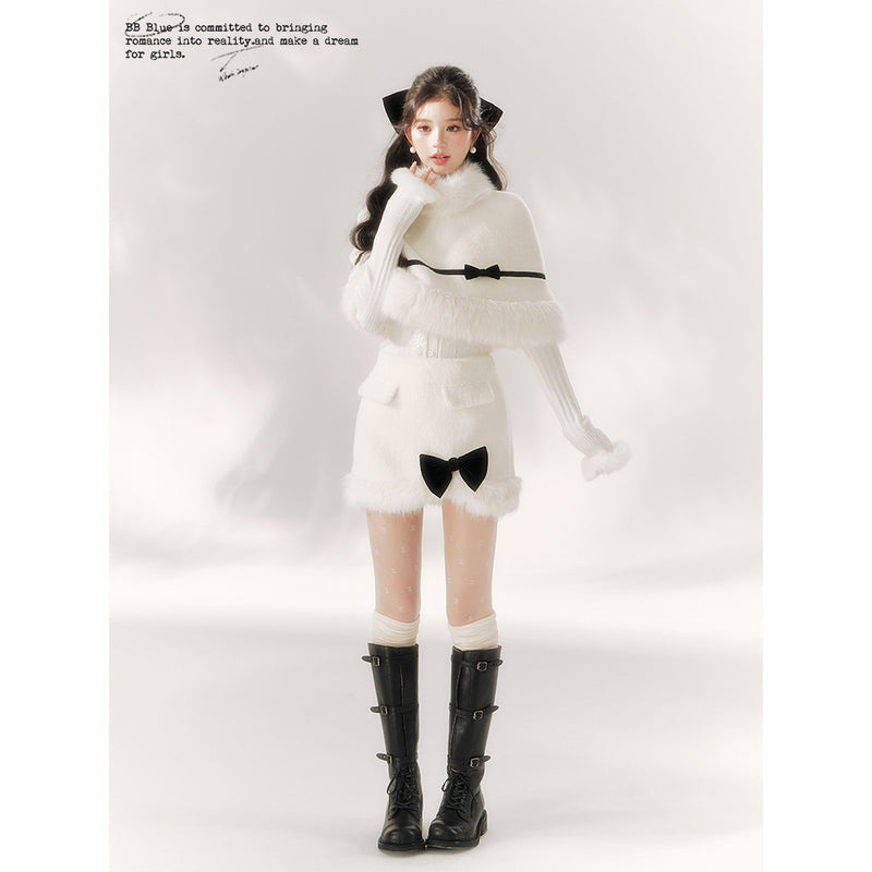 Pure White Ribbon Fur Cape and Skirt