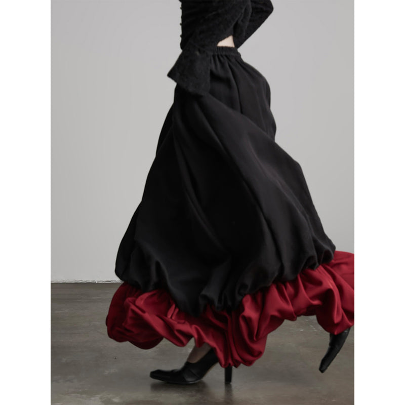 Black and Red Bicolor Layered Long Skirt