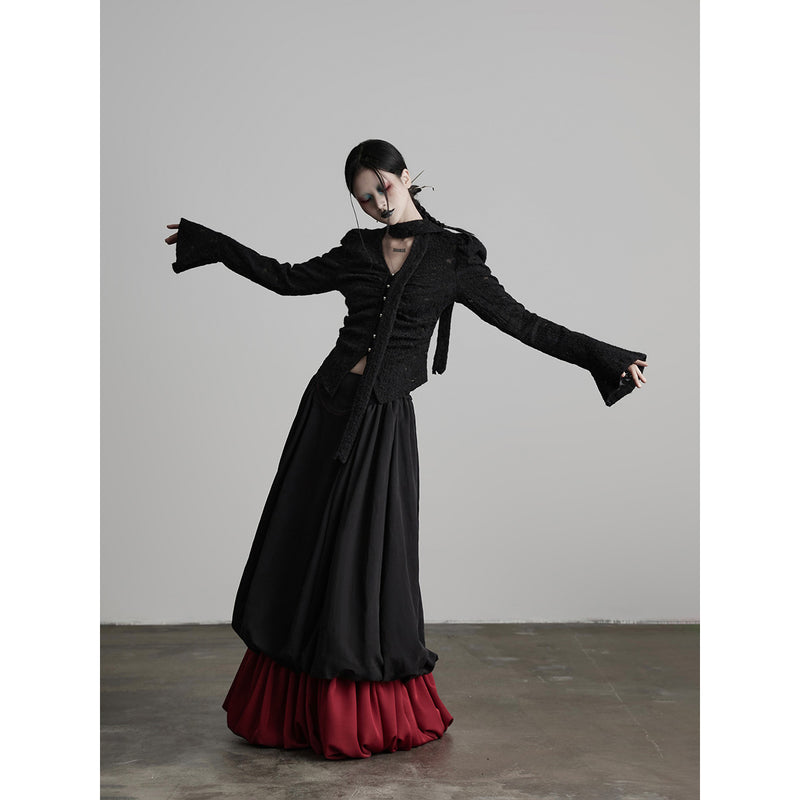 Black and Red Bicolor Layered Long Skirt