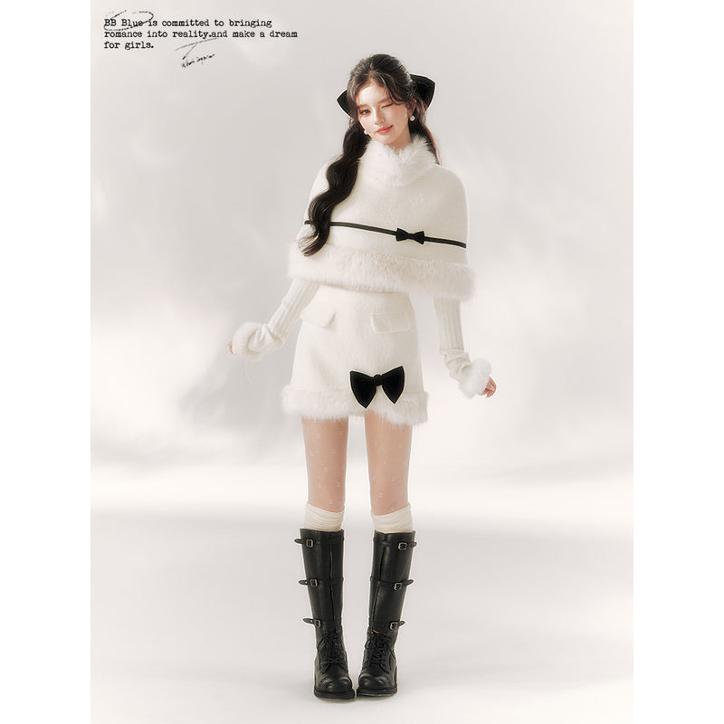 Pure White Ribbon Fur Cape and Skirt