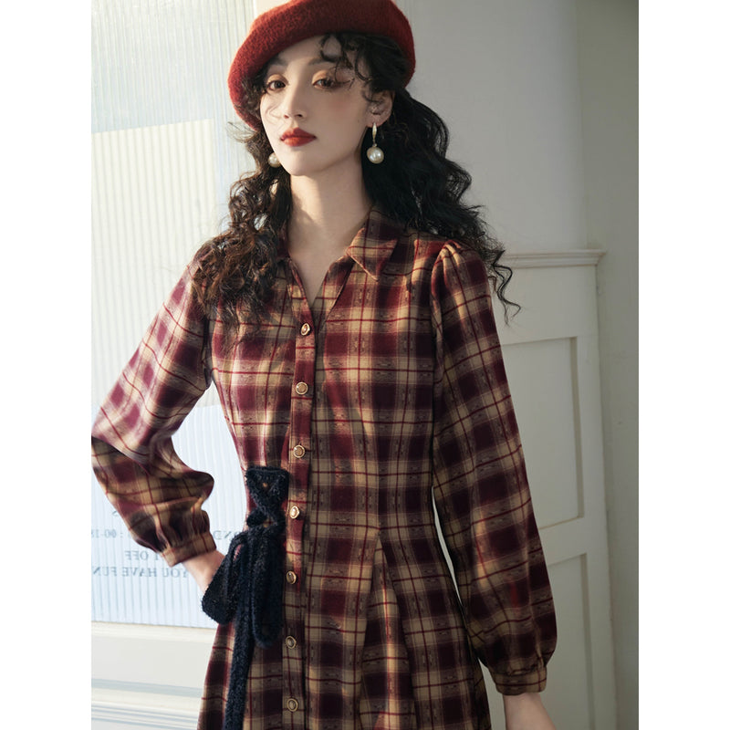 Reddish Bronze Plaid Retro Dress