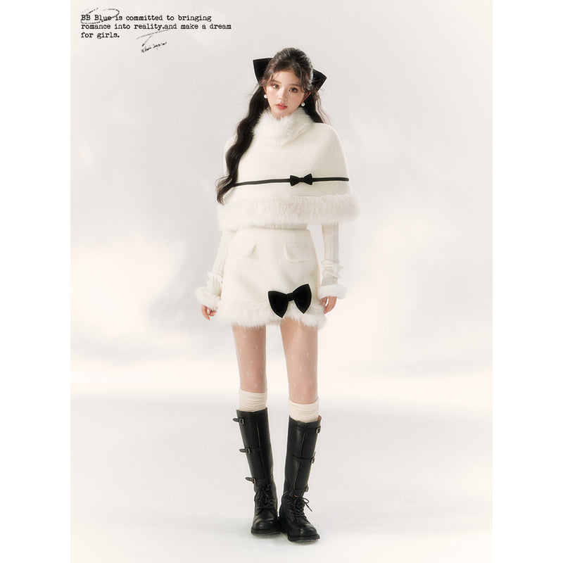 Pure White Ribbon Fur Cape and Skirt