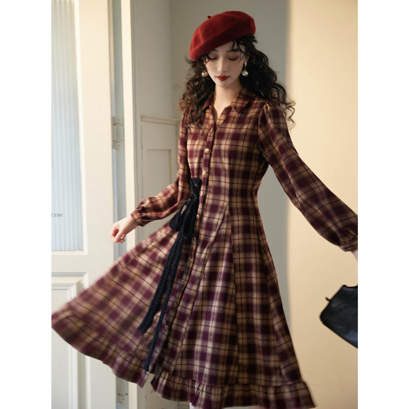 Reddish Bronze Plaid Retro Dress