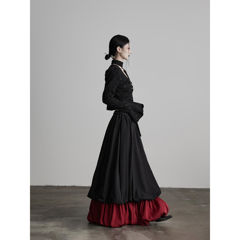 Black and Red Bicolor Layered Long Skirt