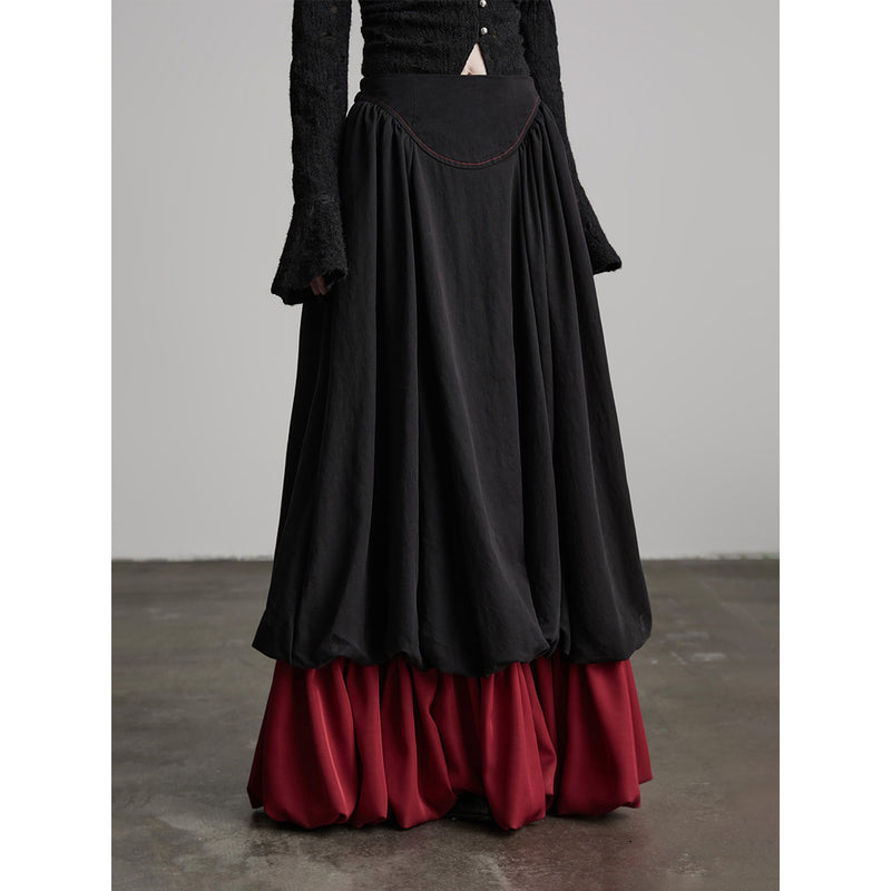 Black and Red Bicolor Layered Long Skirt