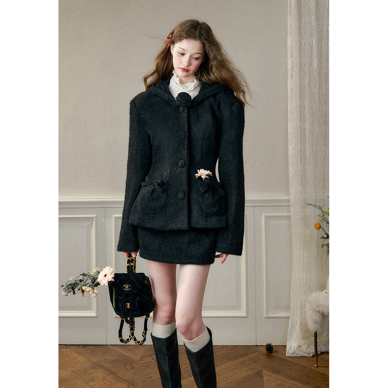 Black Hooded Jacket and Short Skirt