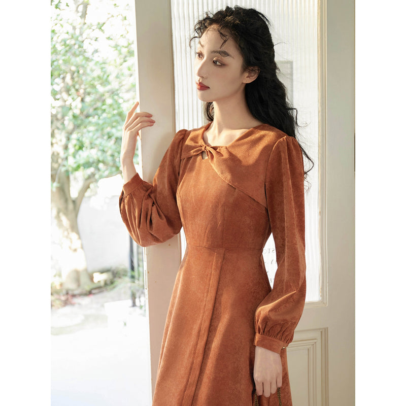 Orange Brown Corduroy Retro Dress