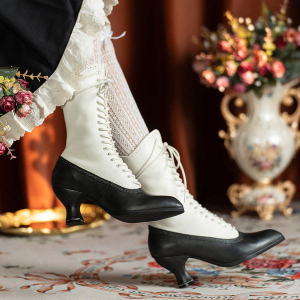 Victorian Pointed Toe Lace Up Boots - Black White