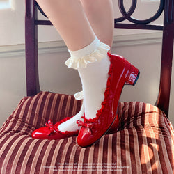 Enamel Leather Ruffle Bow Pumps