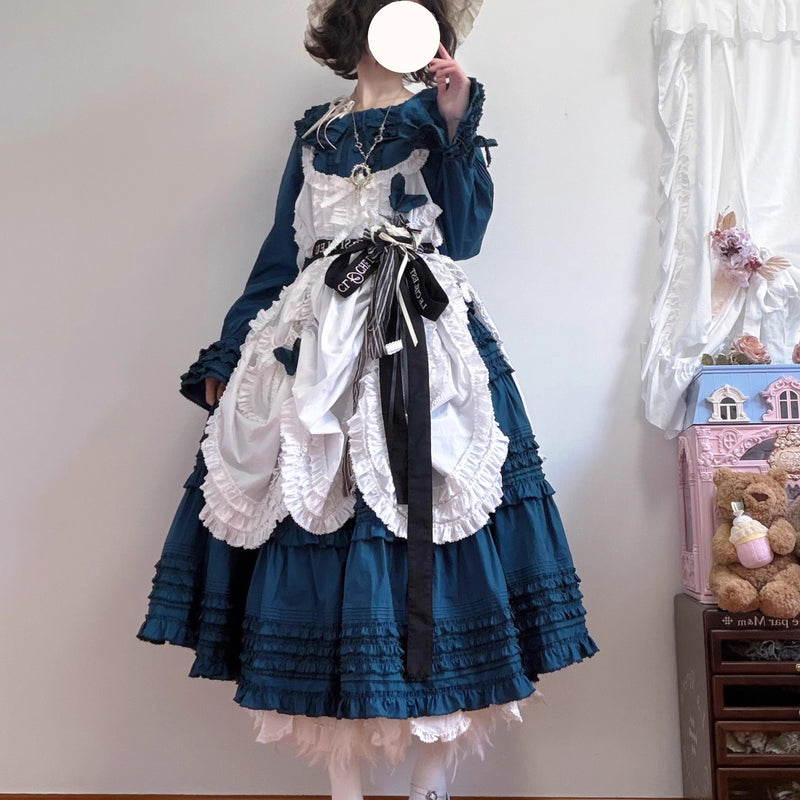 孔雀青のお嬢様のフリルトップスとティアードスカートとホワイトエプロン