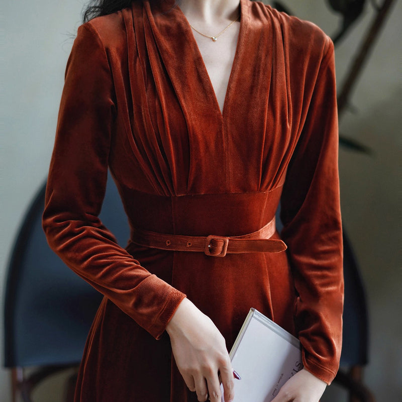 赤銅色の貴婦人ベルベットワンピース