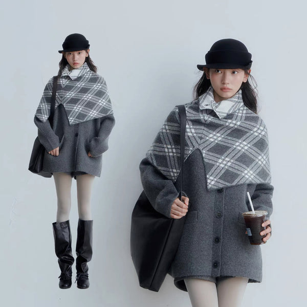 Checkered Cape and Grey Knit Cardigan