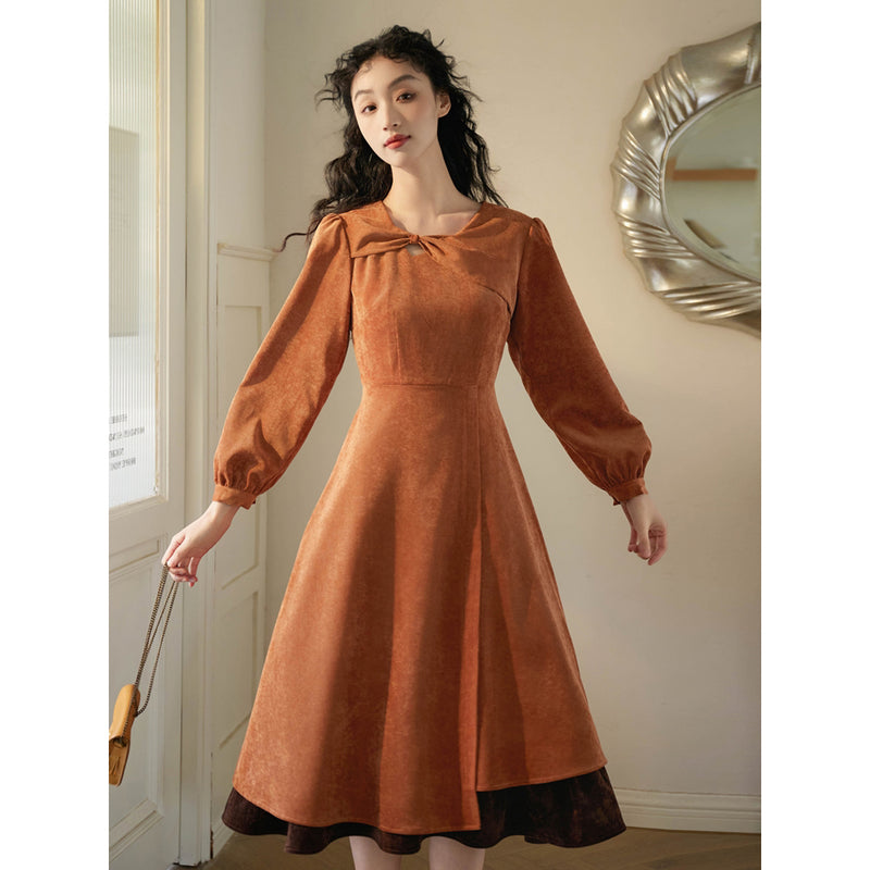 Orange Brown Corduroy Retro Dress