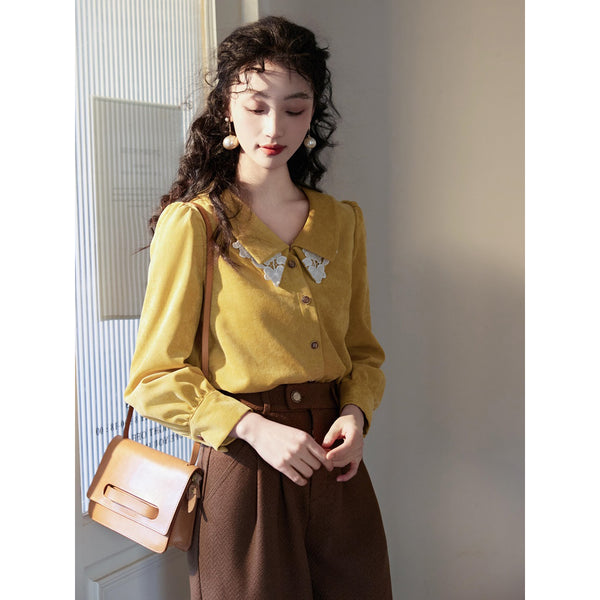 Yellow Floral Embroidered Corduroy Blouse