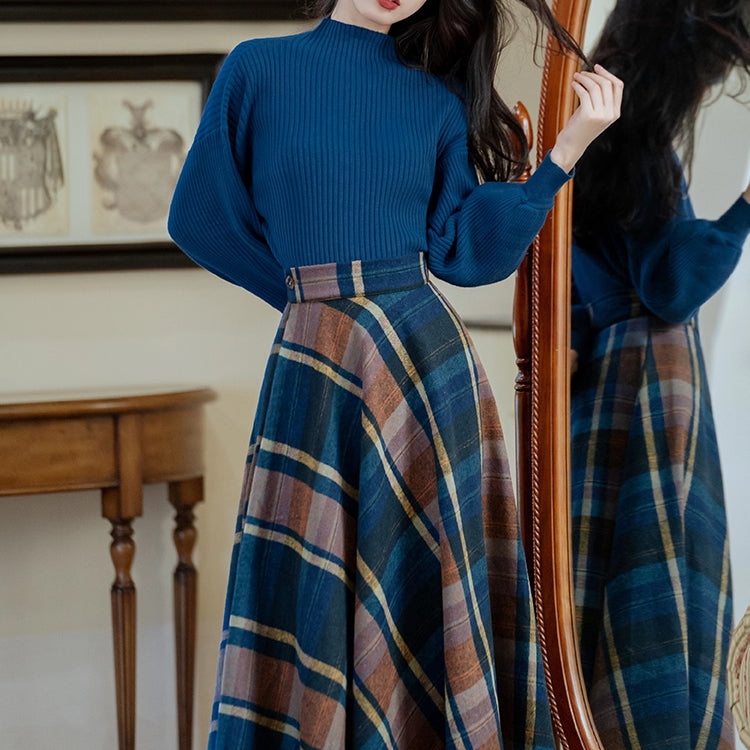Blue-Brown Checkered Retro Skirt and Blue Knit Sweater